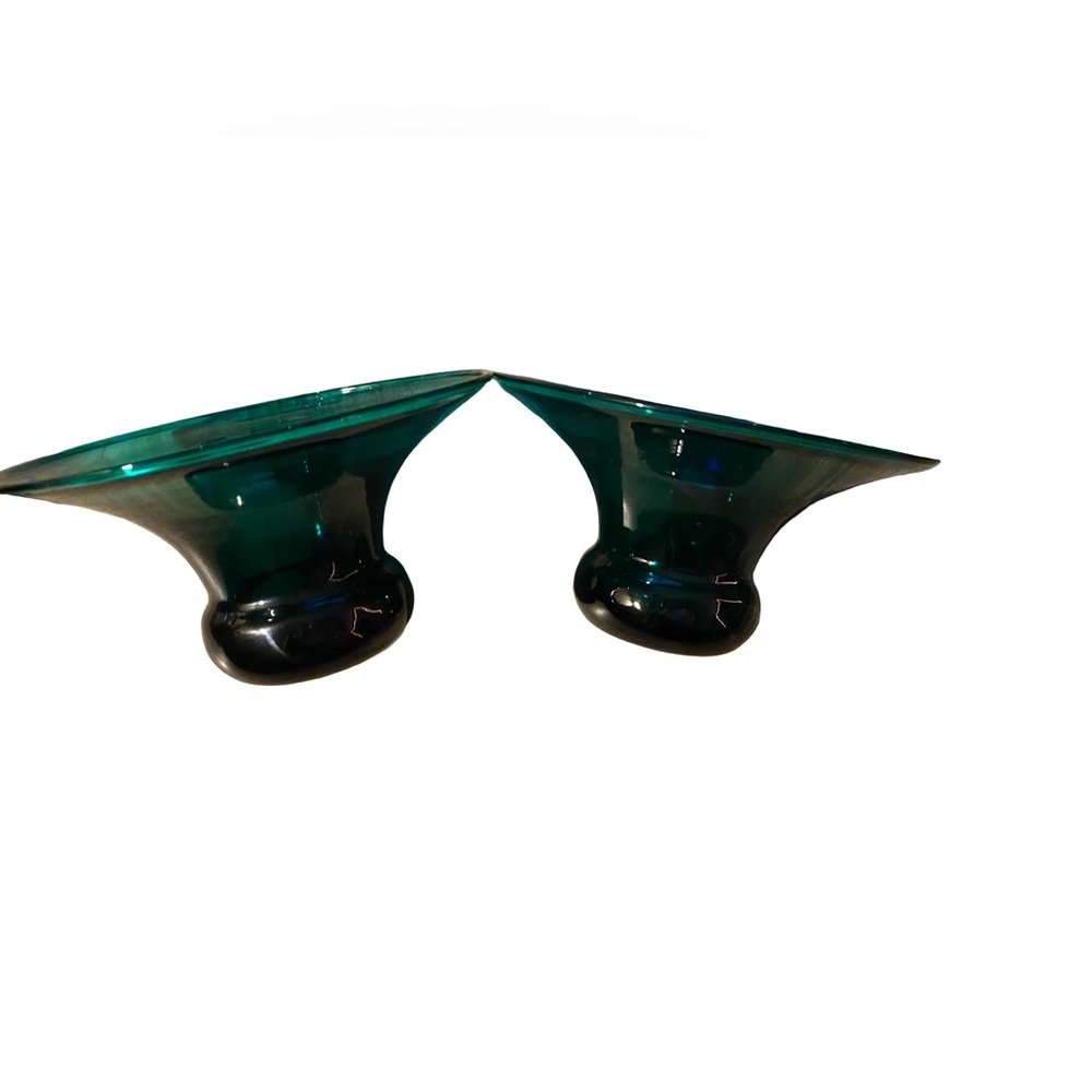 Mid Century Modern Green Glass Compotes | Pair of Hand Blown Studio Art Bowls